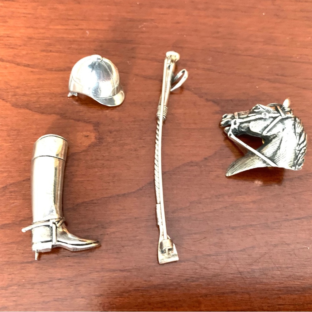 Real silver brooch pin back set of horseback riding accessories boot helmet crop